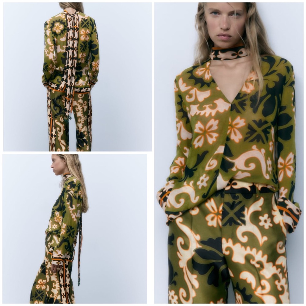Zara  printed beaded tie viscose blouse